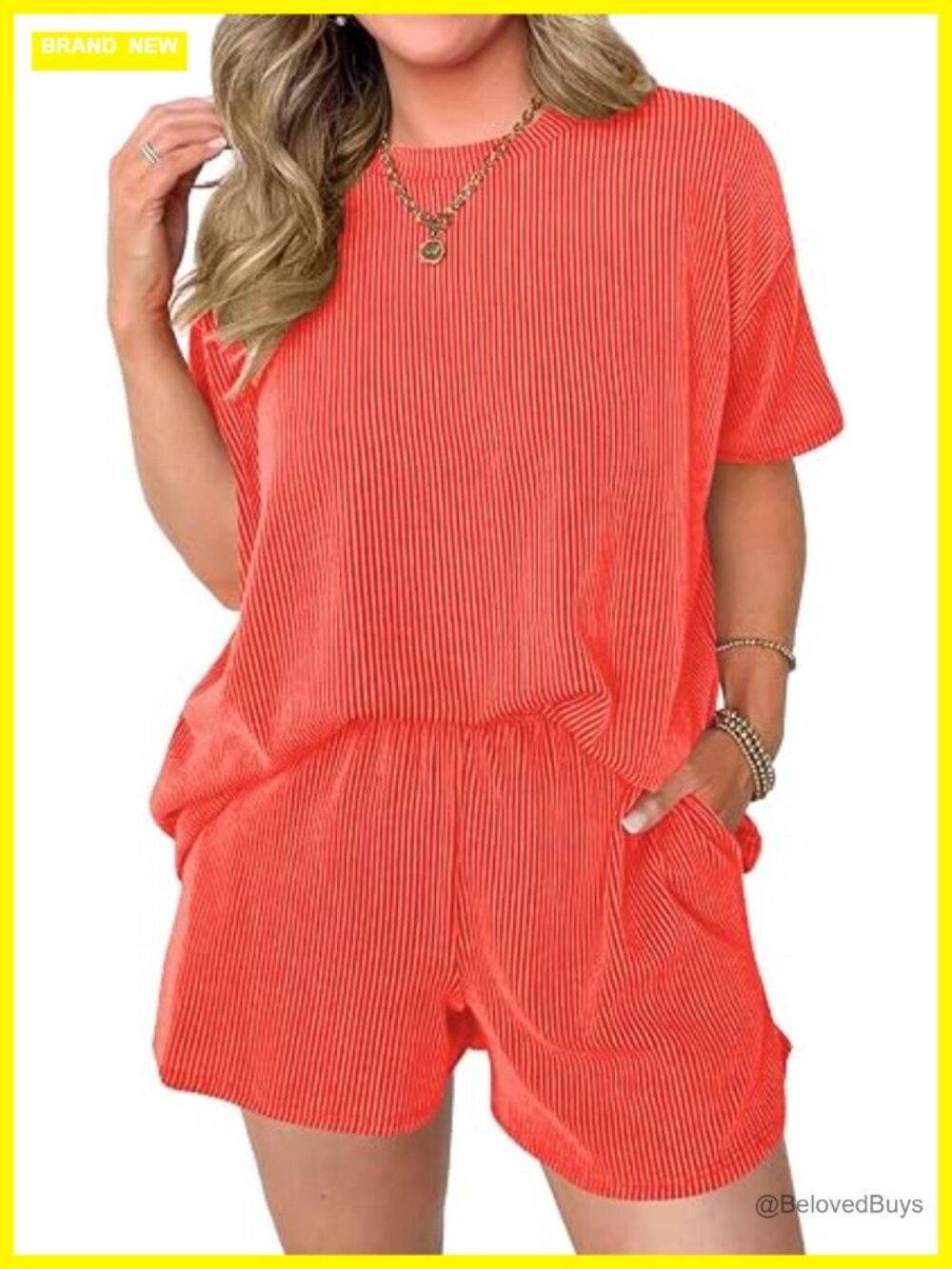 Ribbed Knit 2 Piece Lounge Set Short Sleeve Top & Shorts